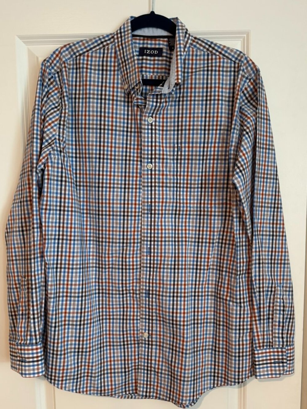 IZOD Men's Blue Brown Plaid Button Down Shirt Medium Long Sleeve Cotton